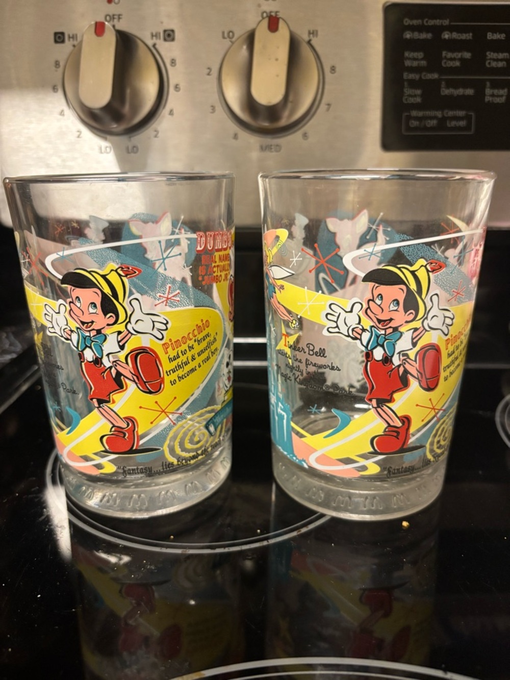 Vintage Pinocchio TinkerBell, Dunbo Bambi Glass Set -of 2Colorful Retro Graphics